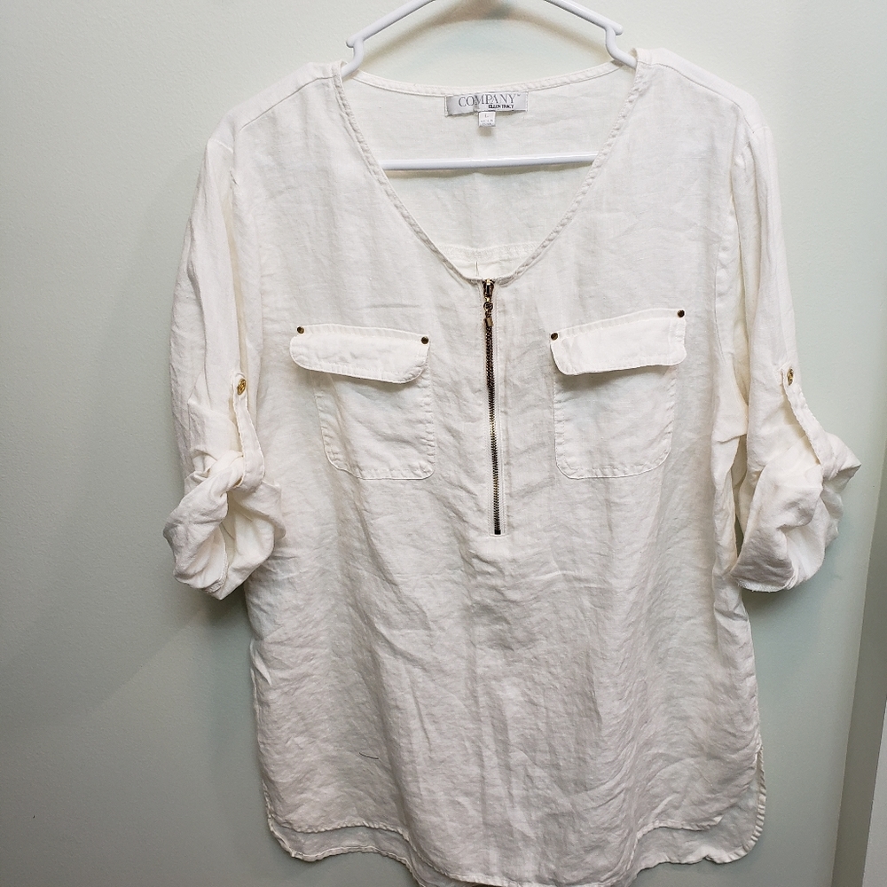 Company Ellen Tracy 100% Linen White Tunic Blouse Size Large